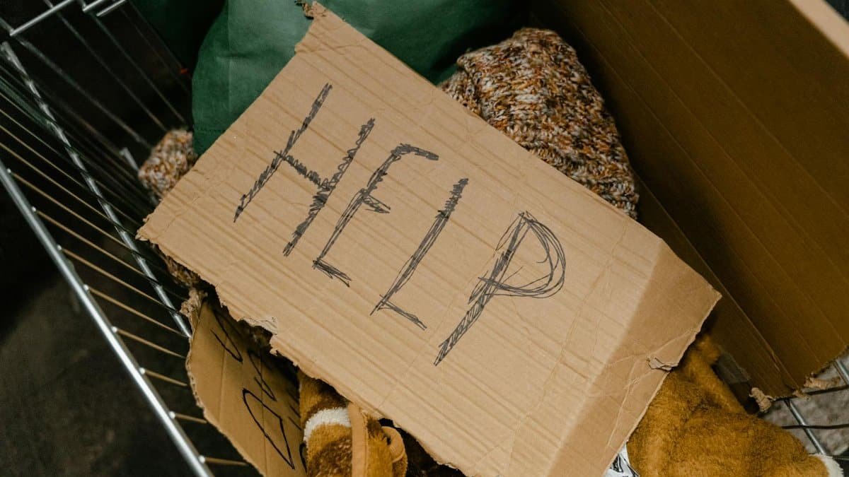 Close-up of a cardboard sign 'Help' placed in a shopping cart with blankets.