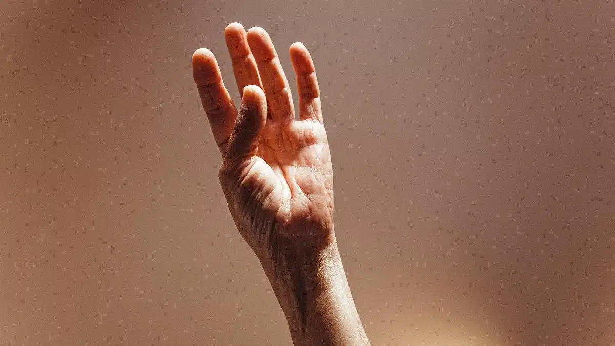 Detailed image of an adult hand with visible wrinkles, captured in warm natural light.
