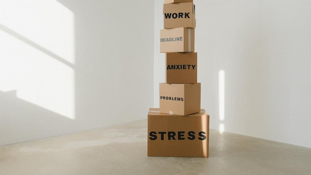Cardboard boxes stacked in an empty room, symbolizing stress and anxiety with labeled problems.