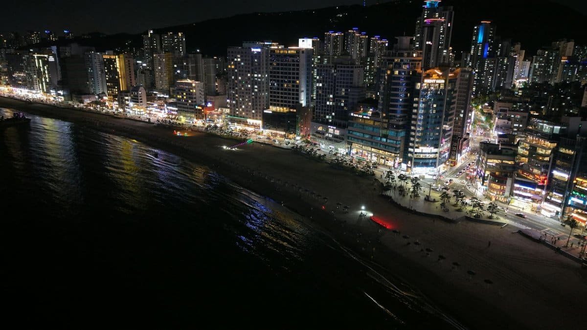 Stunning night view of Busan's illuminated cityscape along the coastline.