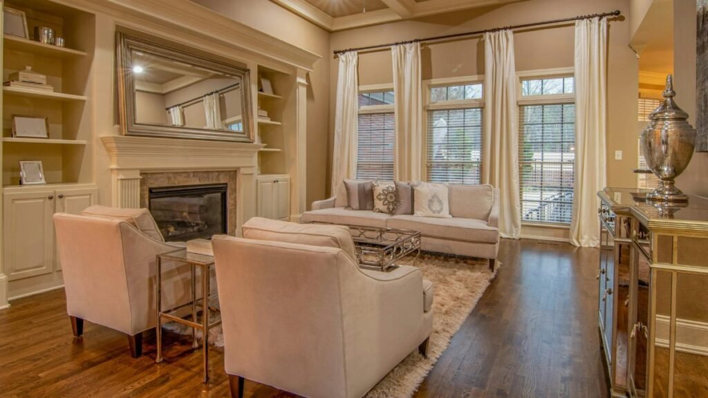 Contemporary living room featuring cozy furniture and a stylish fireplace.