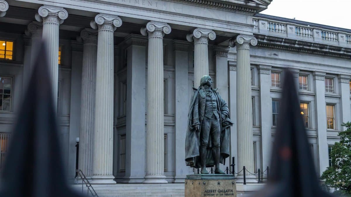 Statue of Albert Gallatin in front of the US Treasury Department building in Washington, DC.
