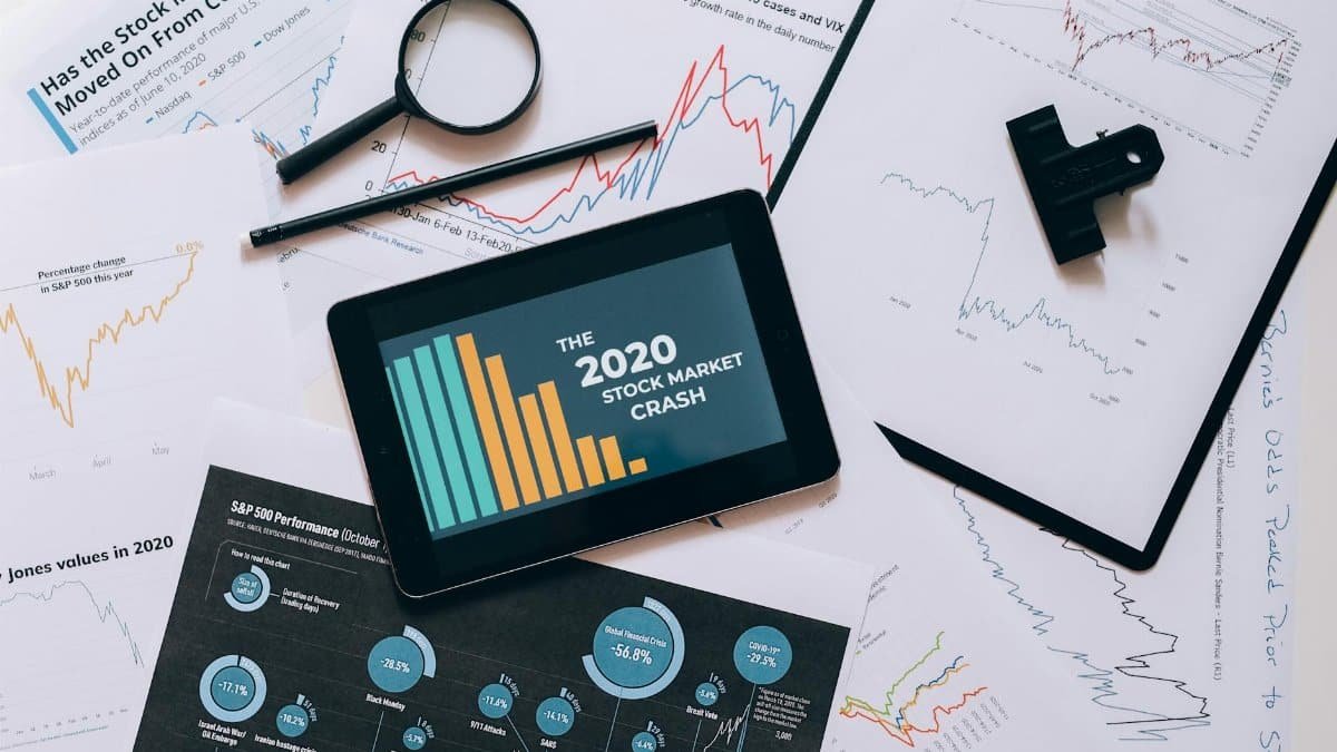 Tablet displaying 2020 stock market crash amidst graphs and charts. Perfect for financial analysis themes.