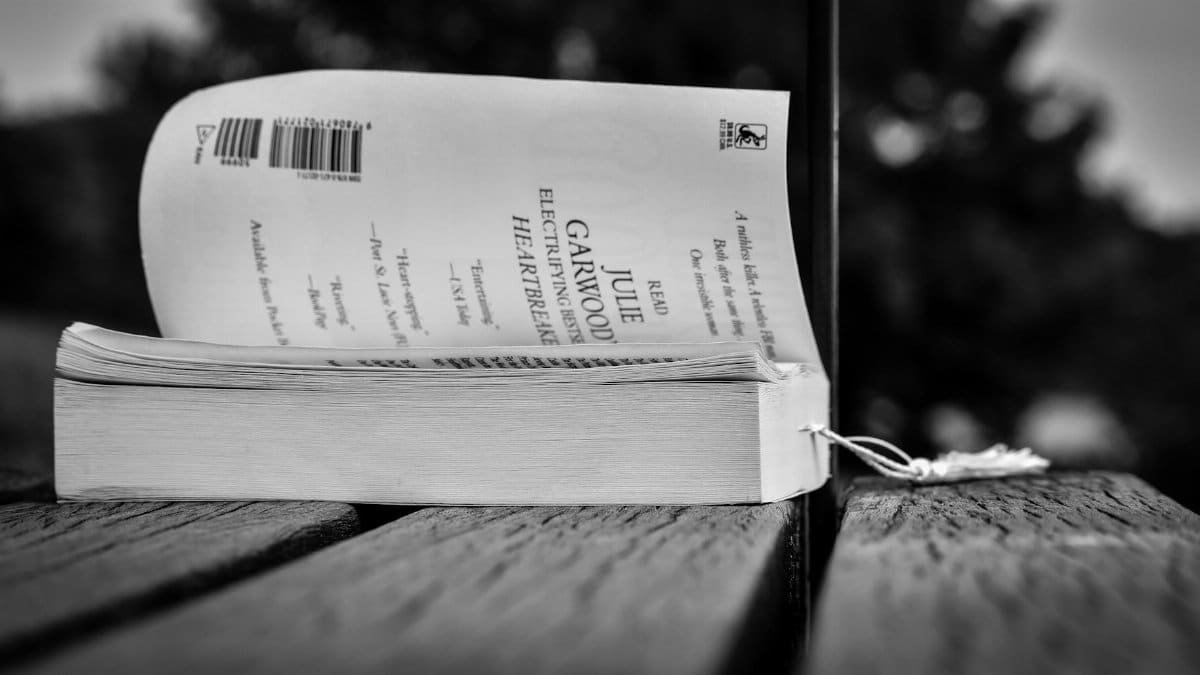 A paperback book rests on a wooden park bench in a serene outdoor setting.