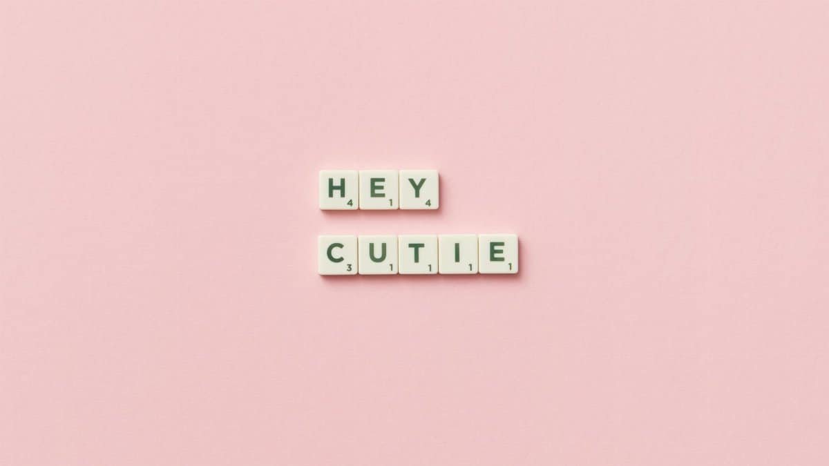 Scrabble tiles spelling 'HEY CUTIE' on a pink background in a minimalist style.