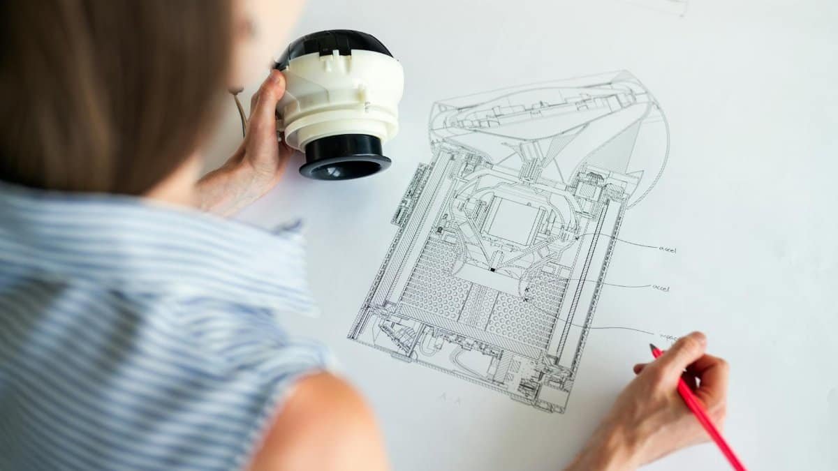 Female engineer studying a detailed technical blueprint at her workspace. Concept of design and innovation.