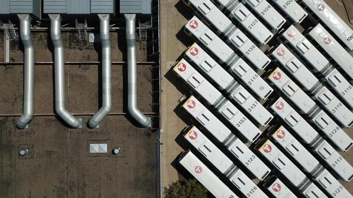 High-angle shot capturing buses and industrial HVAC systems on a rooftop in Minneapolis.