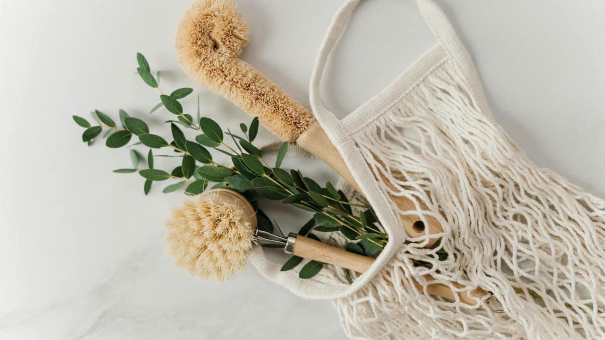 Eco-friendly cleaning brushes and eucalyptus branch in a net bag on a marble surface.