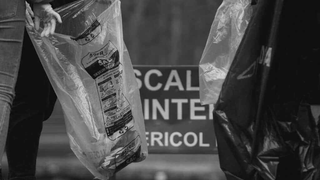Group of people holding garbage bags during community cleanup in black and white.