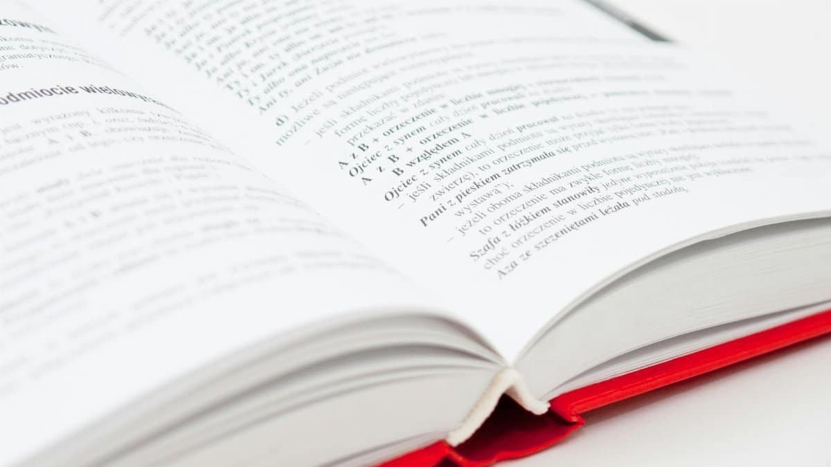 An open book with a red cover showing pages filled with text, symbolizing knowledge and education.