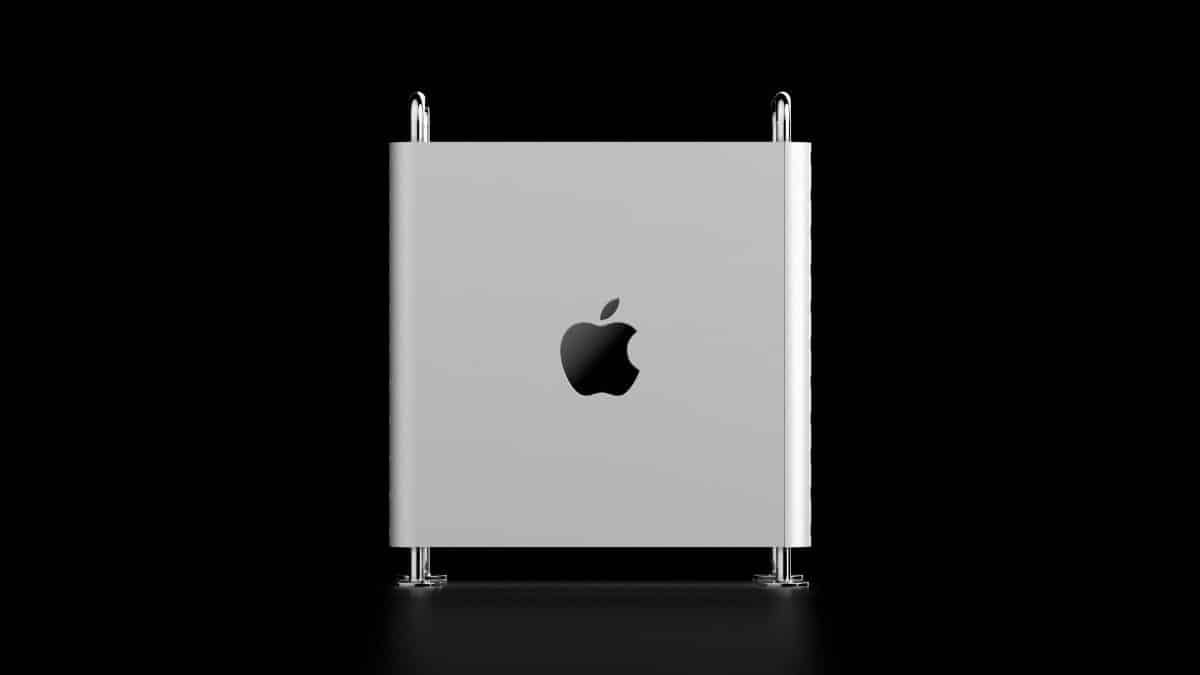 Sleek Apple Mac Pro with iconic minimalist design against a dark background.