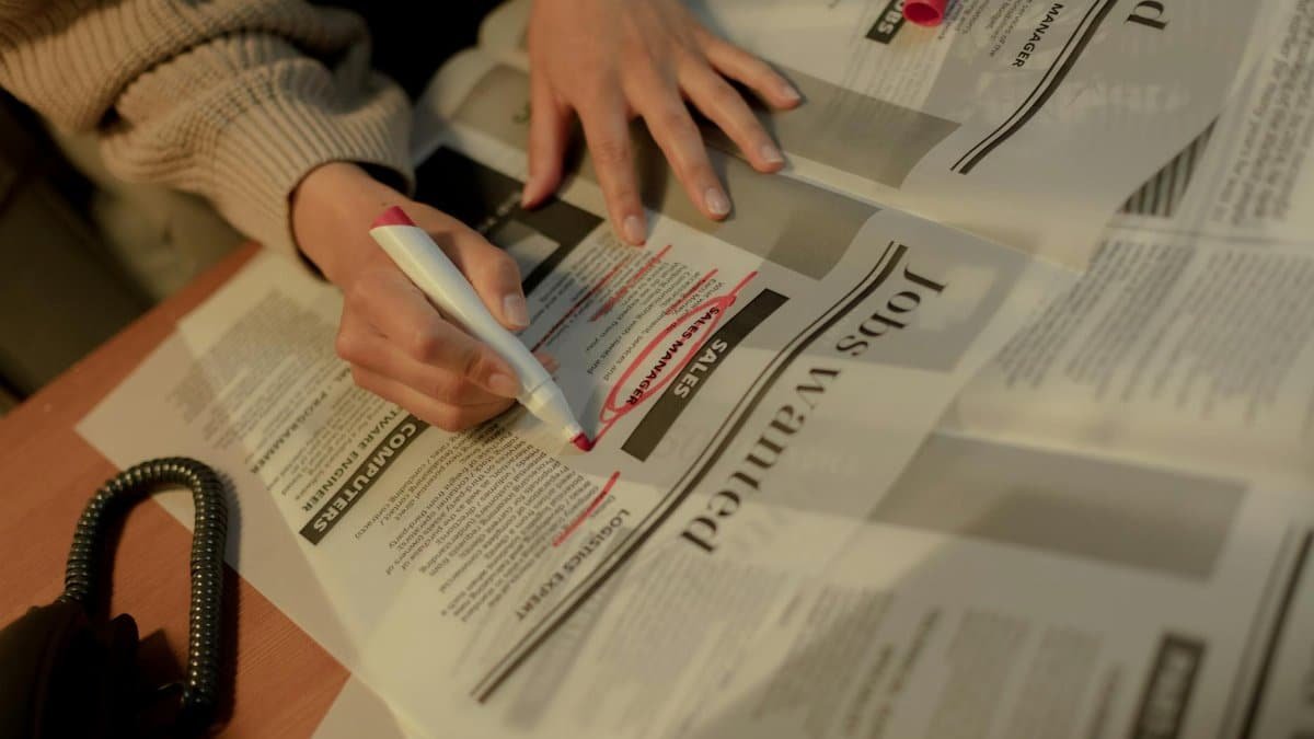An adult woman highlights job ads in a newspaper, focusing on employment opportunities.