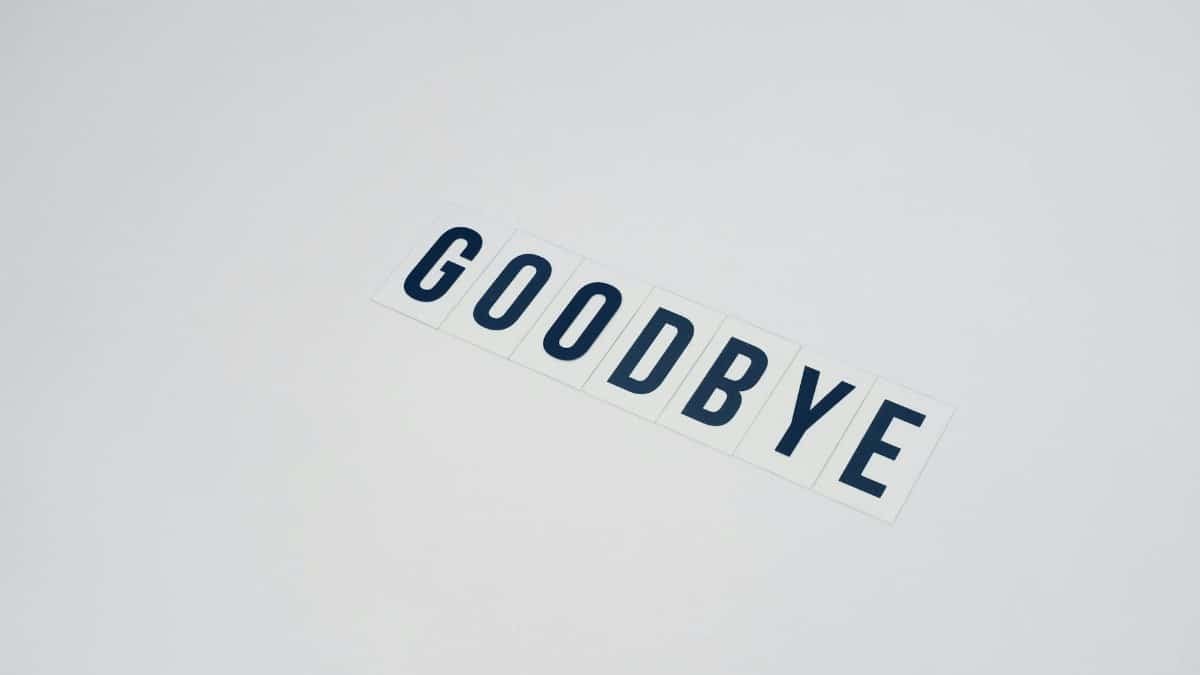 Simple typography displaying the word goodbye on a clean white background, offering ample copy space.