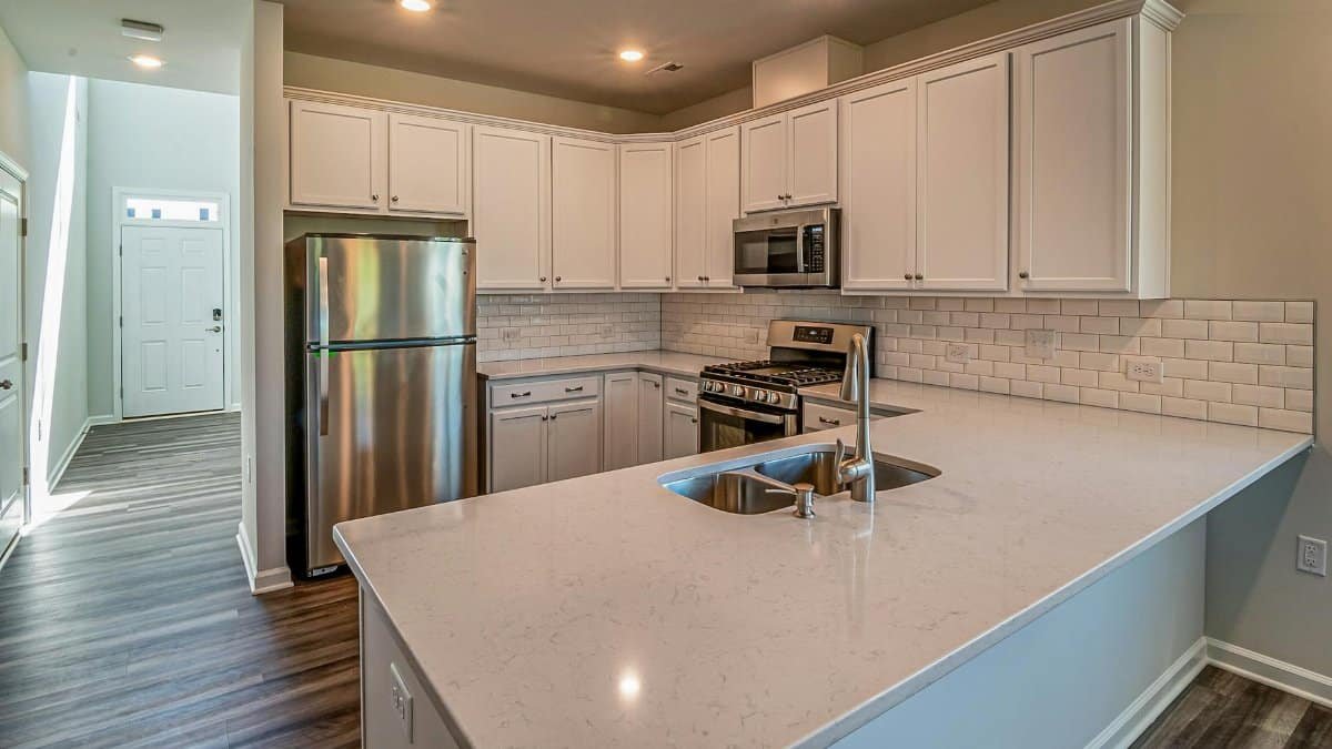 Contemporary kitchen featuring stainless steel appliances and a spacious countertop.