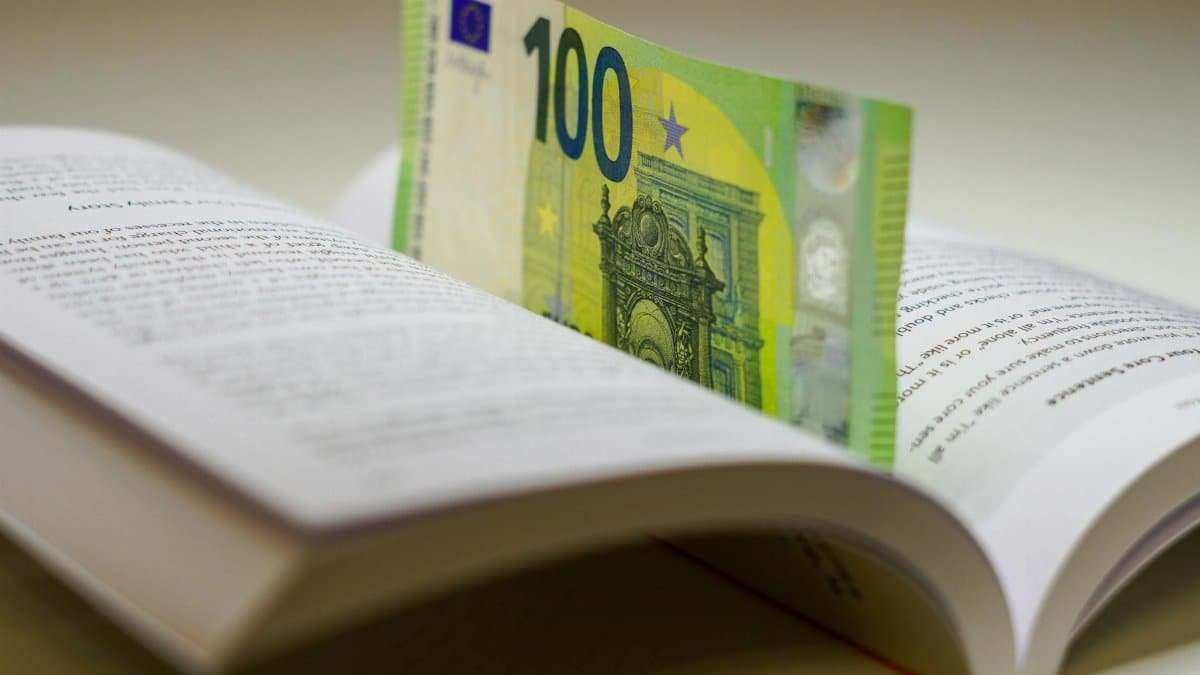 A 100 euro bill used as a bookmark between open pages of a book, symbolizing wealth and knowledge.