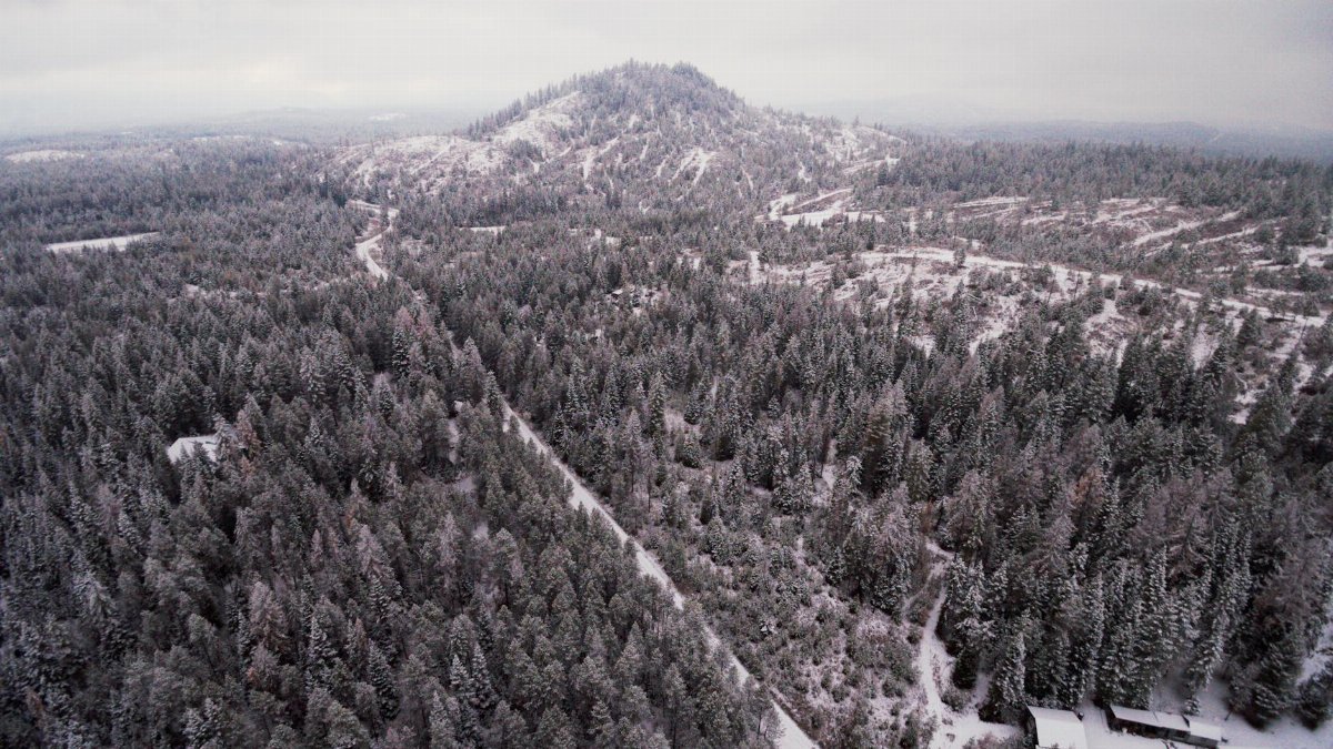 Drone view of a snow-blanketed forest landscape in Leavenworth, WA.