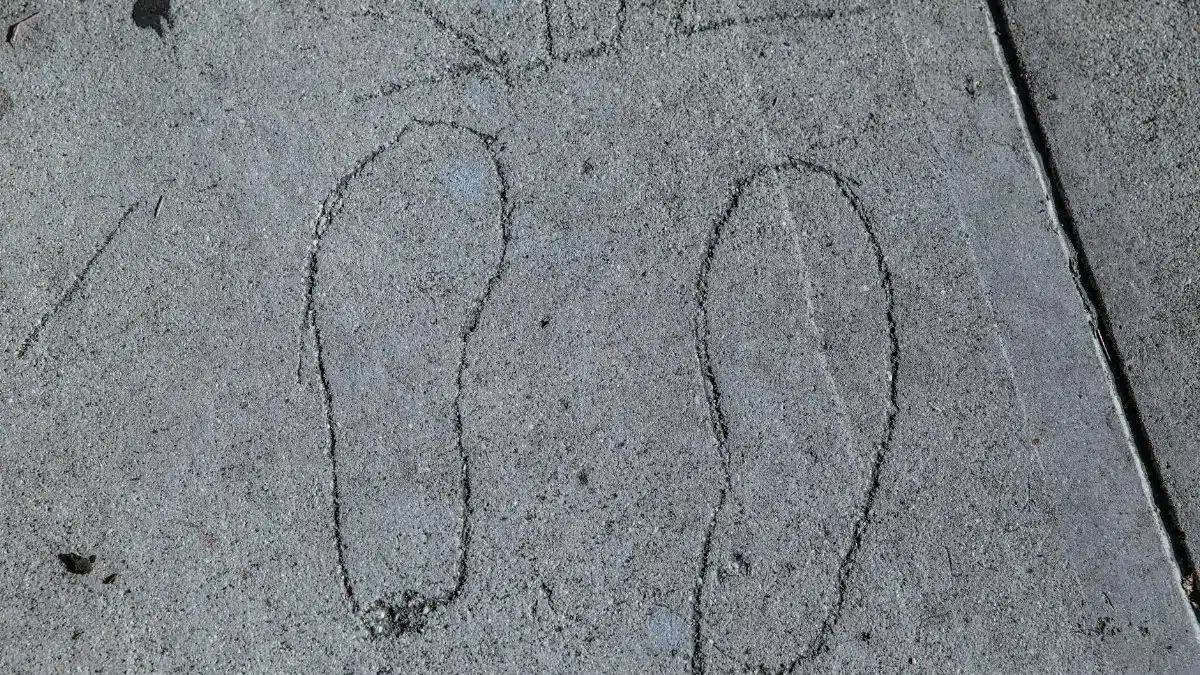 Footprint outlines etched into a concrete sidewalk in Los Angeles.