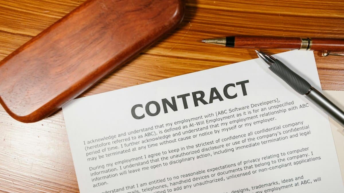 A close-up view of a contract and pen on a wooden desk, ideal for business themes.