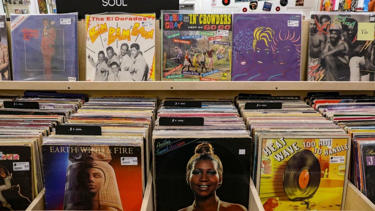 Explore vintage soul records displayed at a Tulsa record store, featuring iconic album covers.