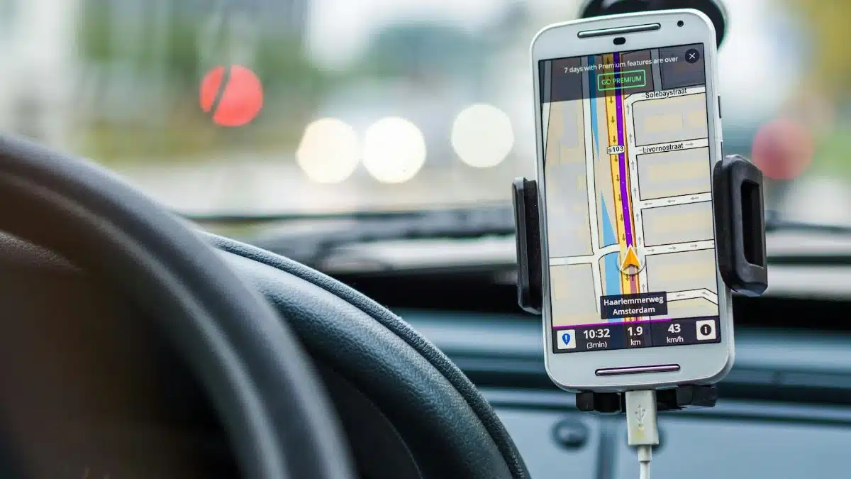 Smartphone mounted in car using GPS for navigation and directions.