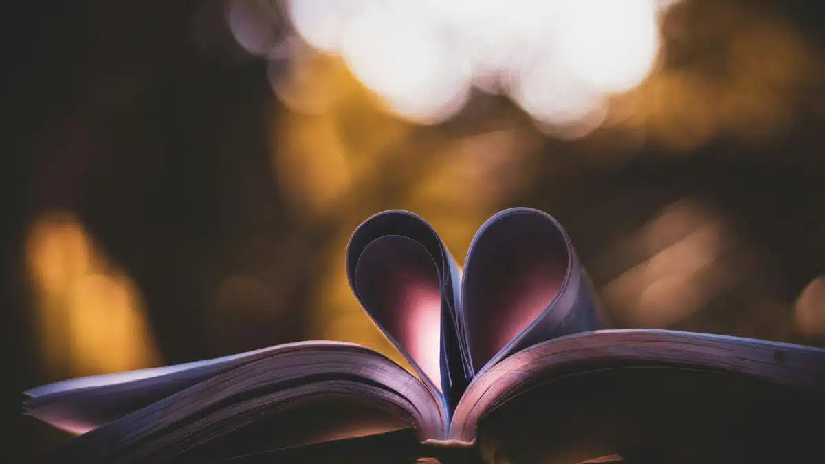 Open book with heart-shaped pages, illuminated by warm, bokeh lighting, perfect for romantic themes.
