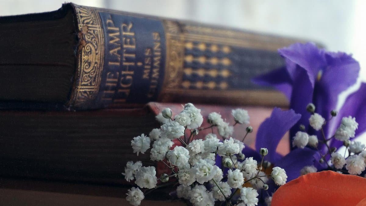 Close-up of an old book with purple and white flowers, evoking vintage charm.
