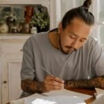 Tattooed young adults studying and taking notes at a table in a warmly lit room.