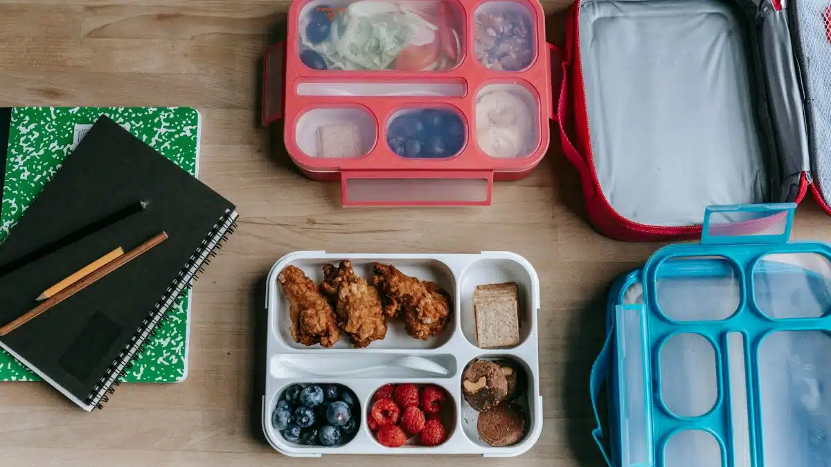 Overhead view of healthy lunchboxes with fruits, chicken, and notebooks on a wooden desk.