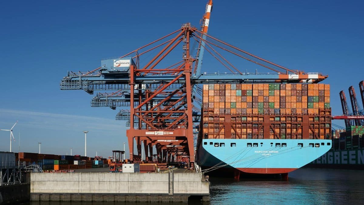Large cargo ship with colorful containers at Hamburg port terminal under clear blue sky.