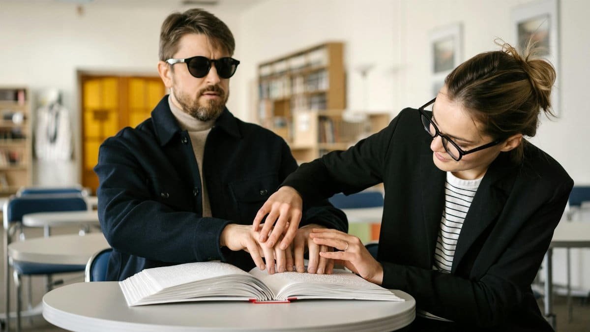 Man reading Braille with caregiver assistance in a library setting, highlighting accessibility and support.