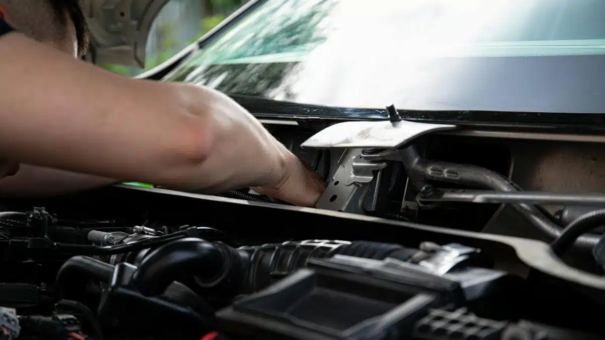 Mechanic performing engine maintenance on a car outdoors, focusing on repair work.