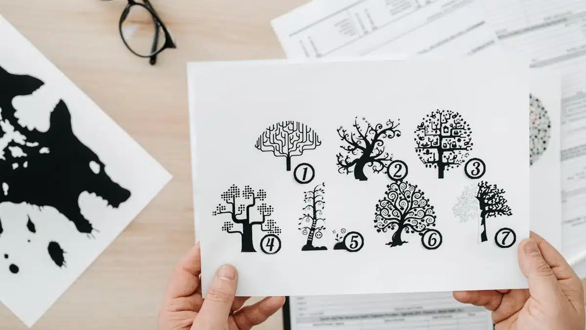 Close-up showing hands holding paper with tree test illustration for psychological assessment.