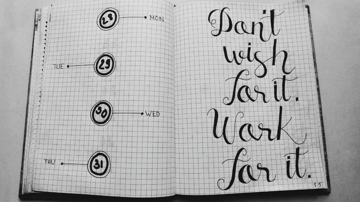 Open planner notebook with motivational quote in artistic handwriting. Organized layout, perfect for goal setting.