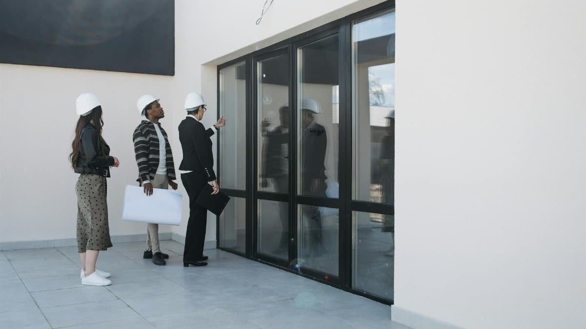 A diverse group of architects and a real estate agent examine a modern building, focusing on large glass windows.