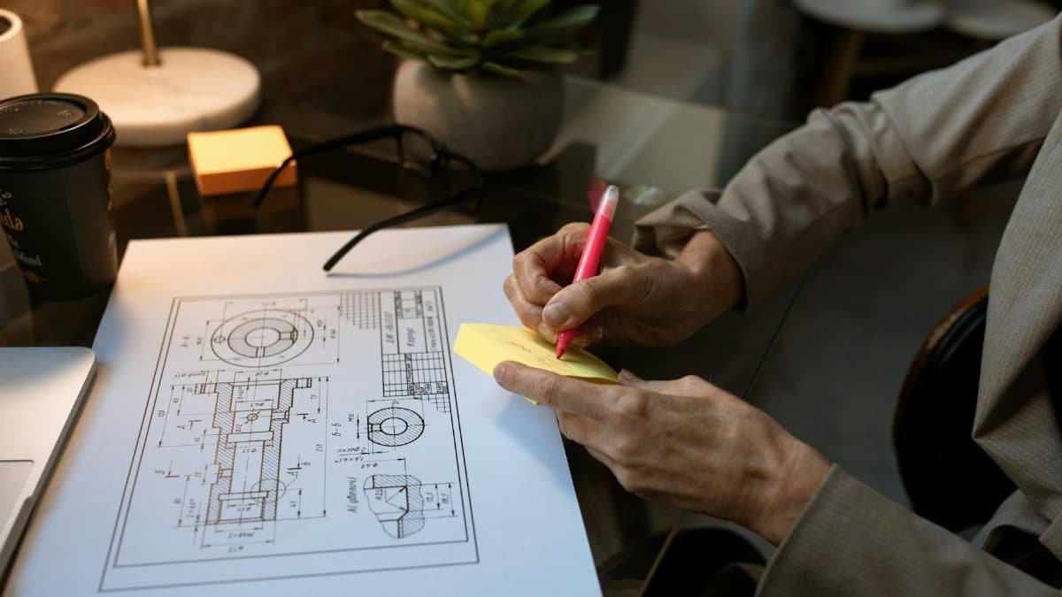 An architect's workspace featuring a blueprint, note-taking, and modern office design.