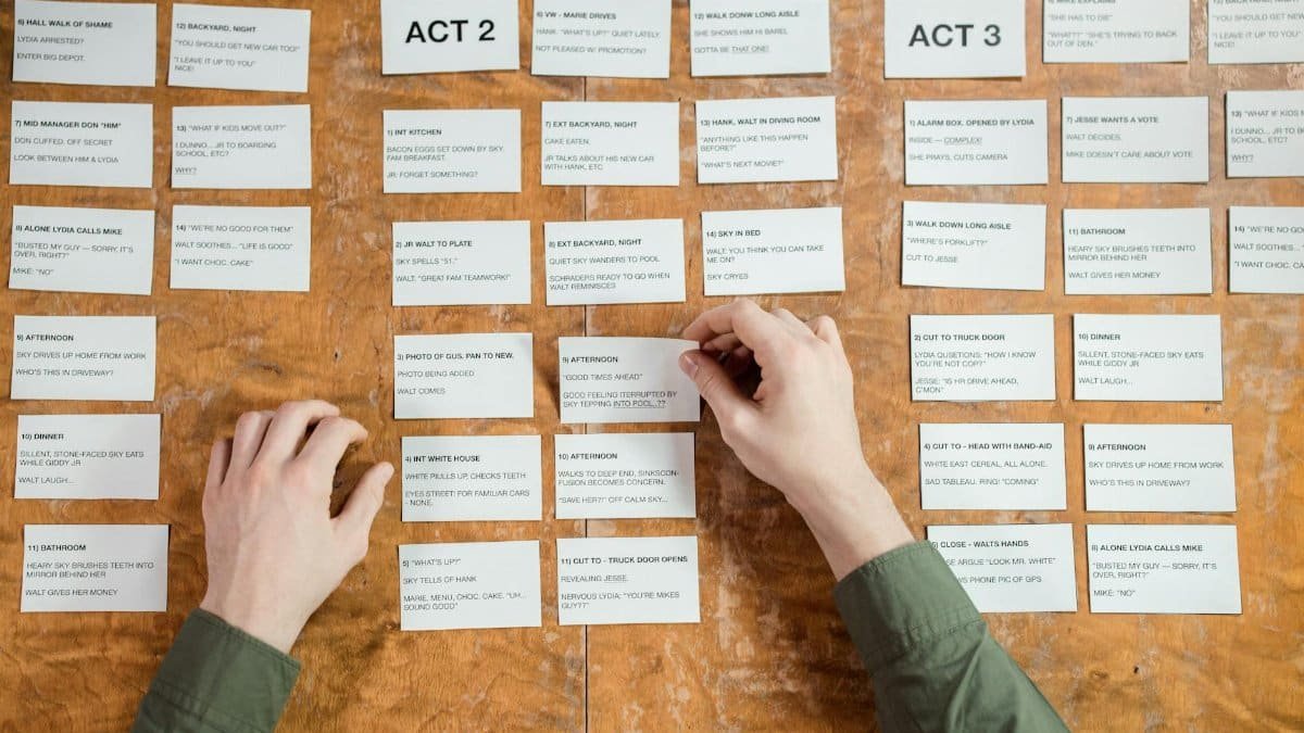 Hands arranging screenplay cards on a wooden table, depicting script development.