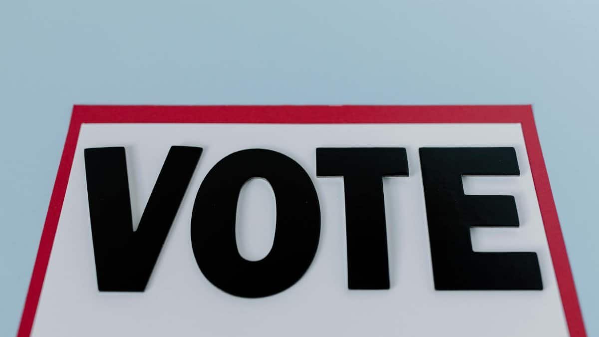 Sign with "VOTE" against a blue backdrop, highlighting political participation.
