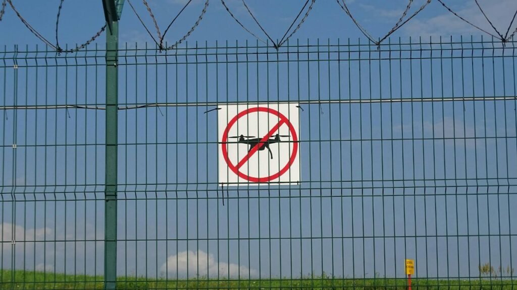 A 'No Drones' sign on a barbed wire fence in Morawica, Poland.
