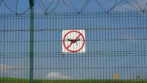A 'No Drones' sign on a barbed wire fence in Morawica, Poland.