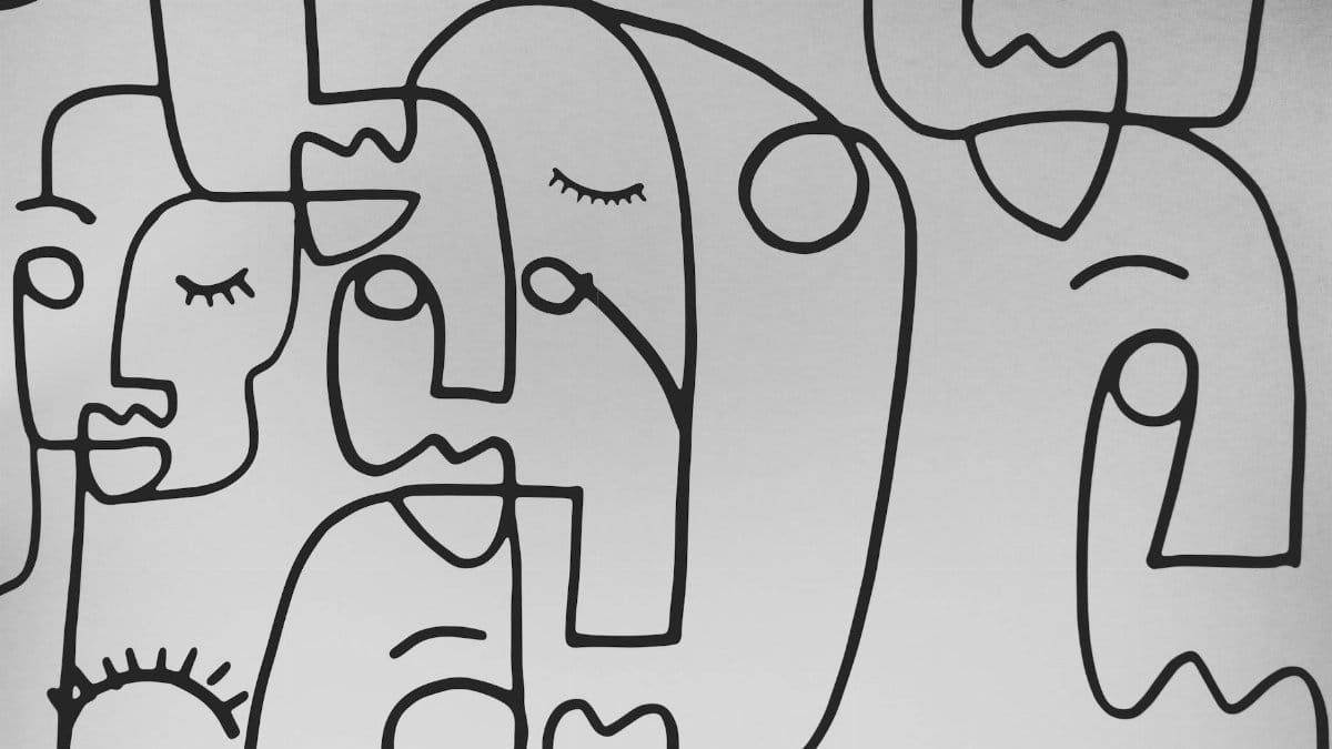 Minimalist abstract line art depicting faces on a white background.