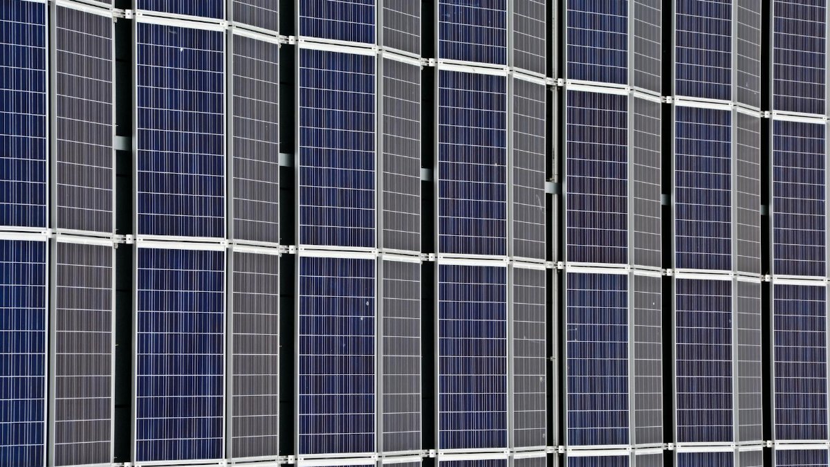 Close-up of multiple solar panels representing renewable energy and sustainability.