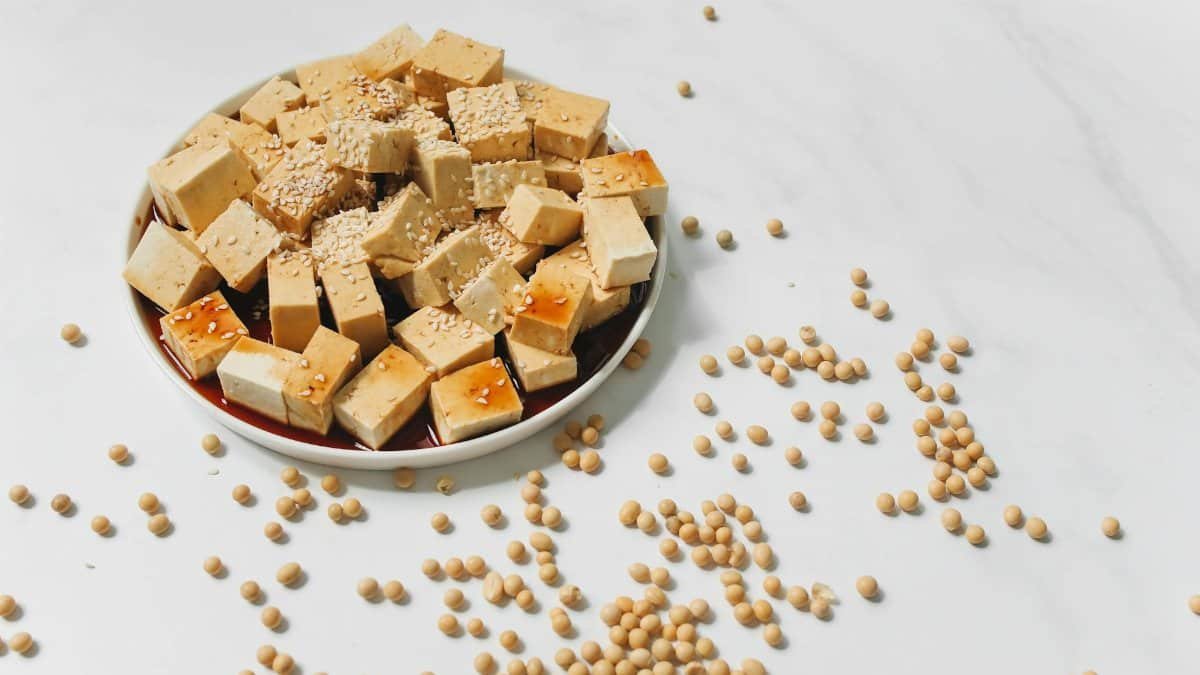 Flat lay of tofu cubes drizzled with soy sauce and sprinkled with sesame seeds.