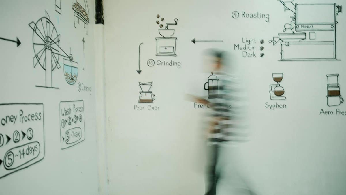 A person walks past a wall illustrating the coffee brewing process.