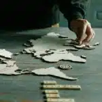 A person arranging a wooden puzzle of a world map on a rustic wooden table.