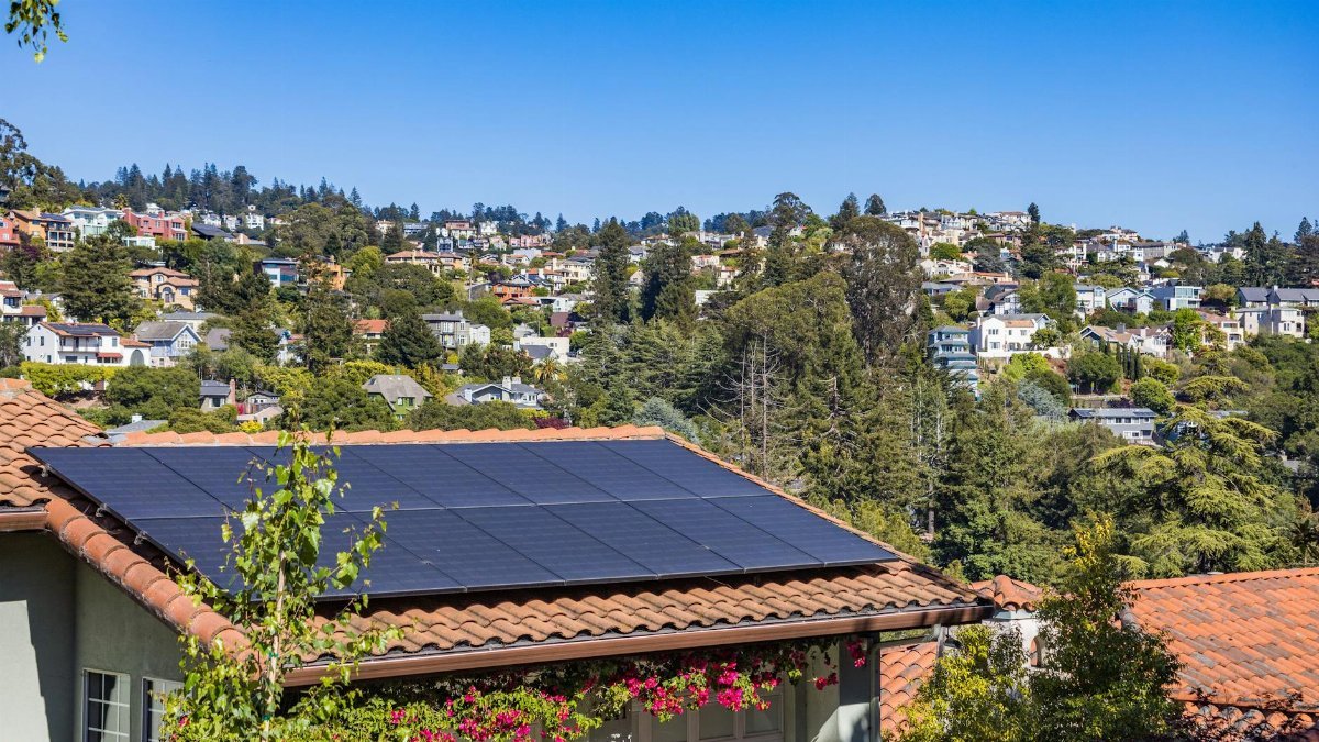 Solar panels on a suburban home, surrounded by lush greenery and a sunny blue sky.