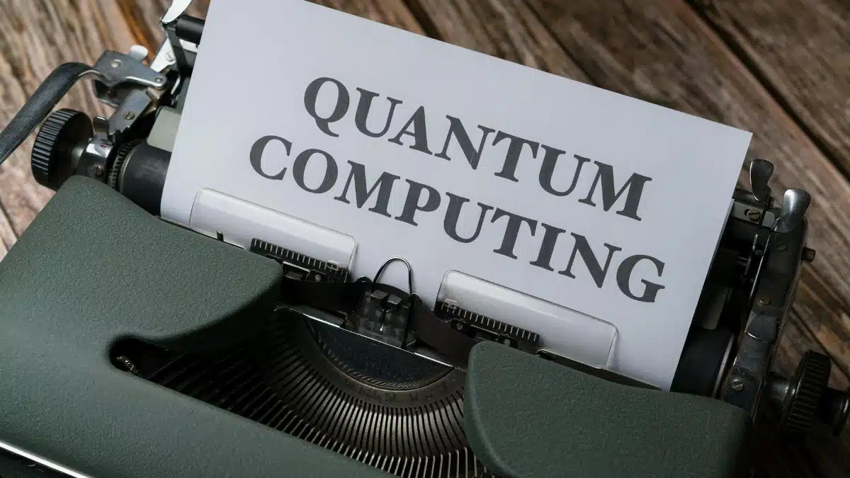 Quantum computing concept displayed on a vintage typewriter on wooden table.