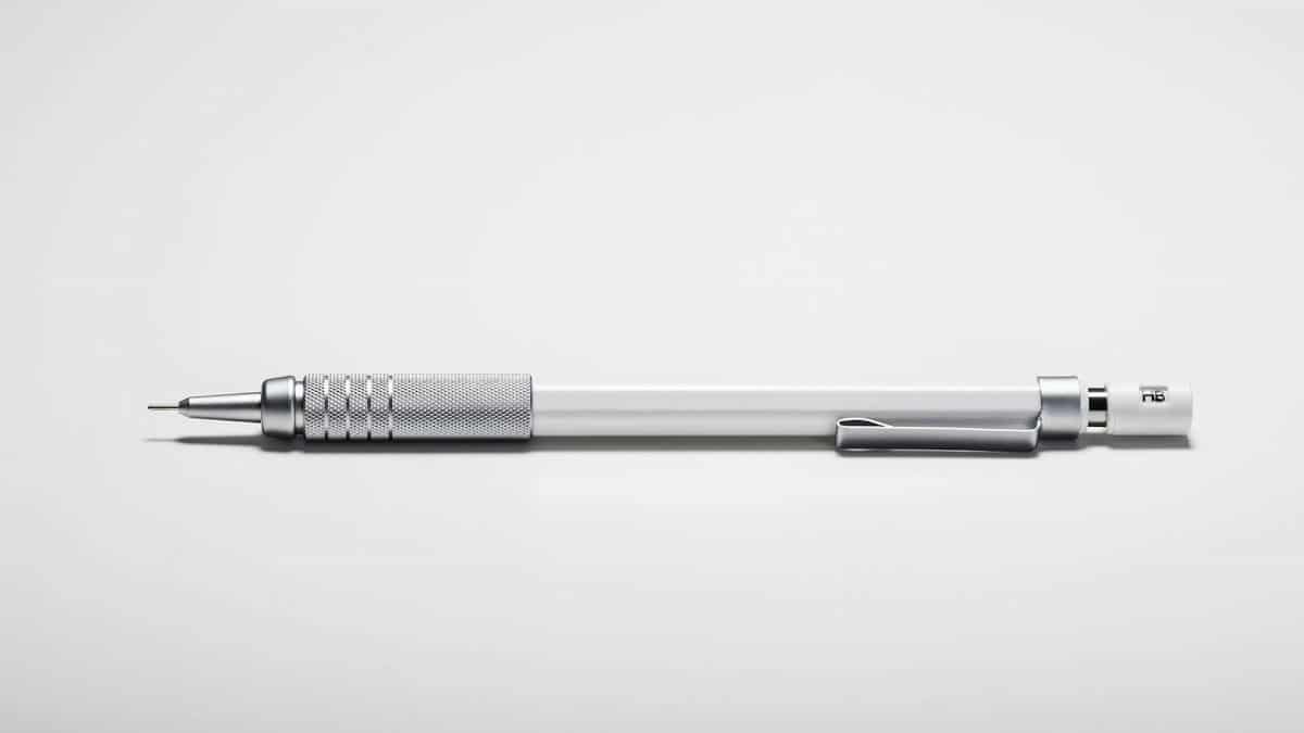 A modern silver and white mechanical pencil on a white background, perfect for office and writing purposes.
