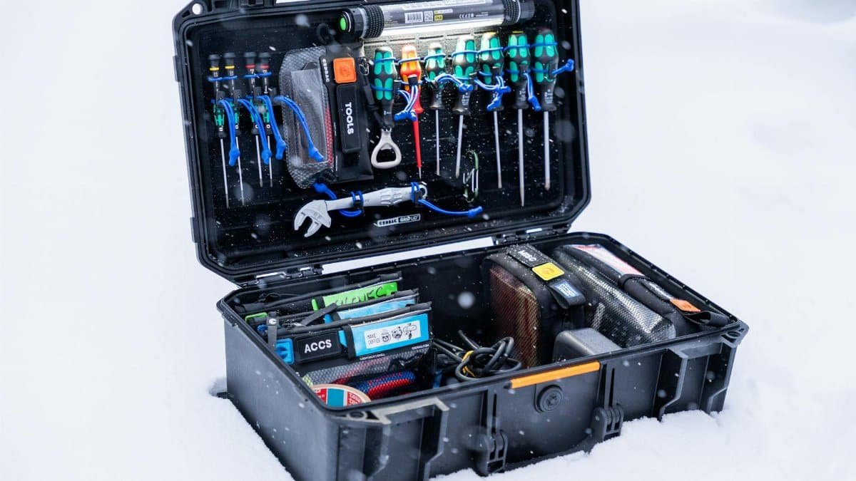 An open professional tool case filled with various tools and equipment, set in a snowy outdoor environment.