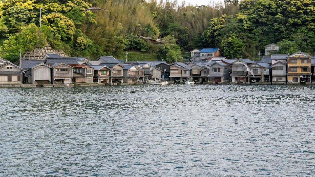 Charming waterfront scene of traditional houses in Ine, Kyoto, Japan. A serene travel destination.