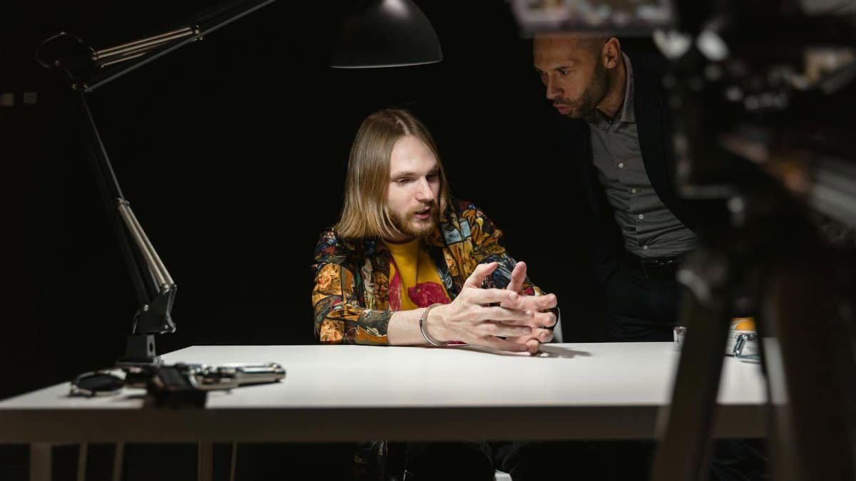 Two businessmen engaged in a strategic discussion at a desk under spotlight, planning next steps.